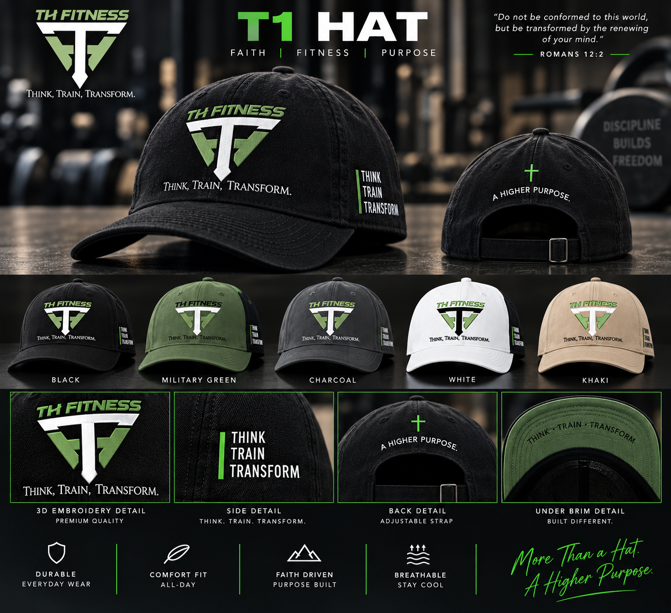 TH Fitness T1 Hat collection in Black, Military Green, Charcoal, White and Khaki